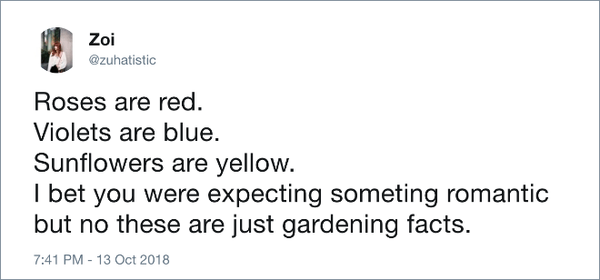 Roses are red. Violets are blue. Sunflowers are yellow. I bet you were expecting something romantic but no these are just gardening facts.