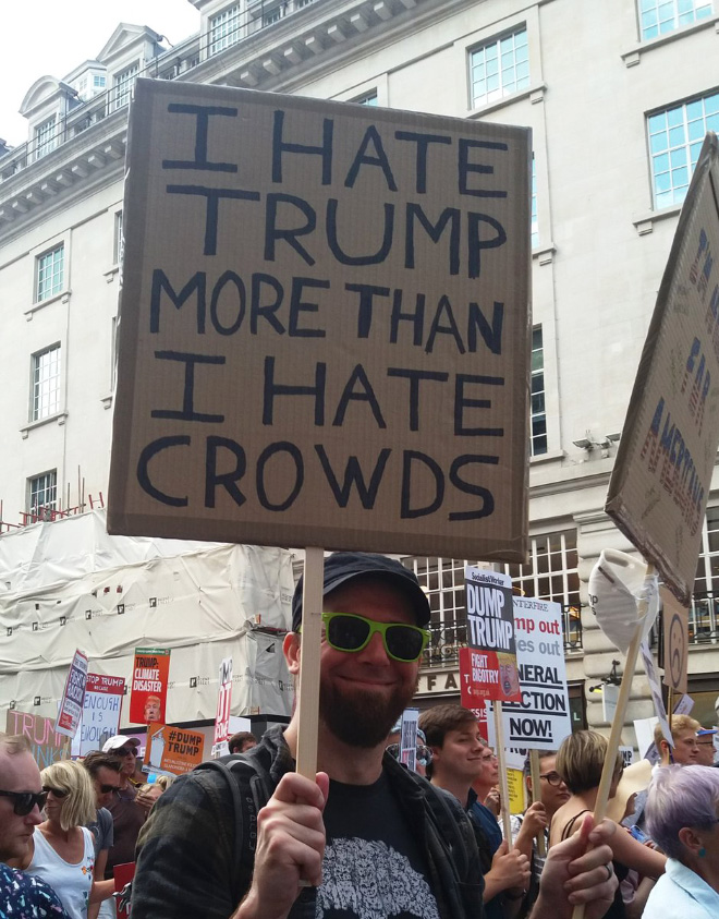 He hates Trump more than he hates crowds.