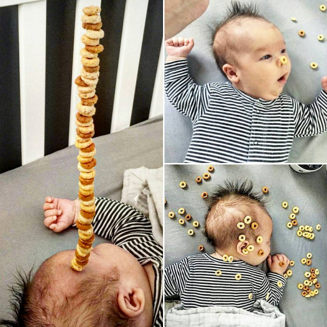 Weird viral trend: stacking Cheerio on babies.