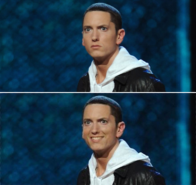 Eminem looks really creepy with a photoshopped smile.