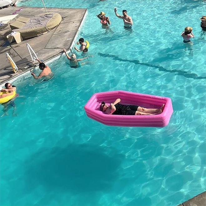 Just in time for Summer: pink coffin floatie.