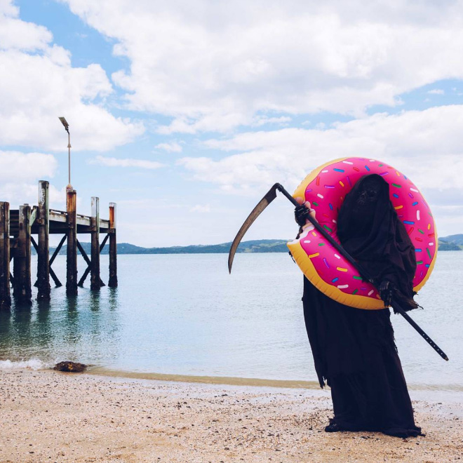 New Zealand's water safety mascot: The Swim Reaper.