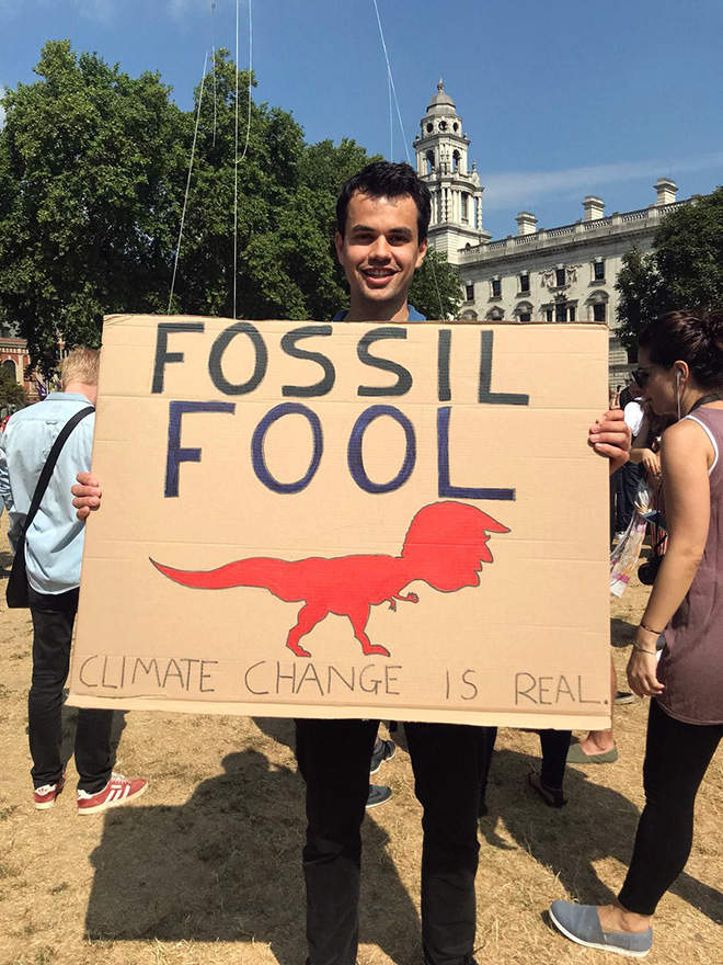 Funny climate change protest sign.