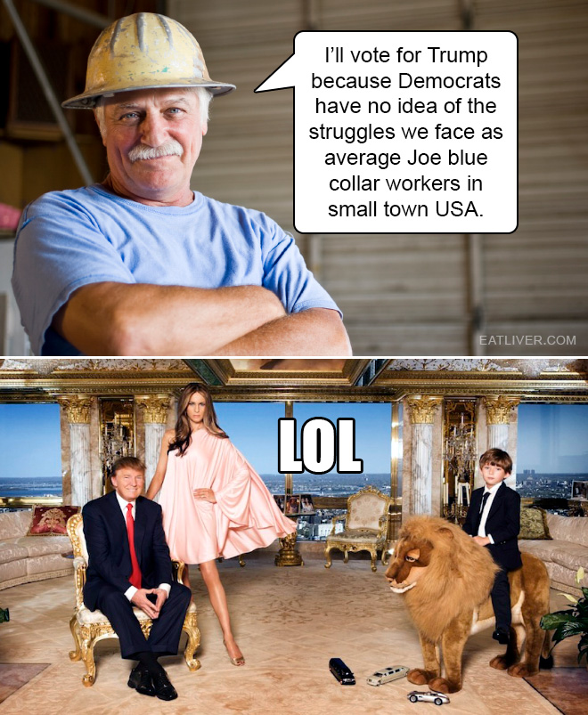 I'll vote for Trump because Democrats have no idea of the struggles we face as average Joe blue collar workers in small town USA.