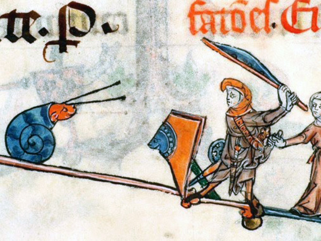 Knights really loved fighting snails in medieval books.