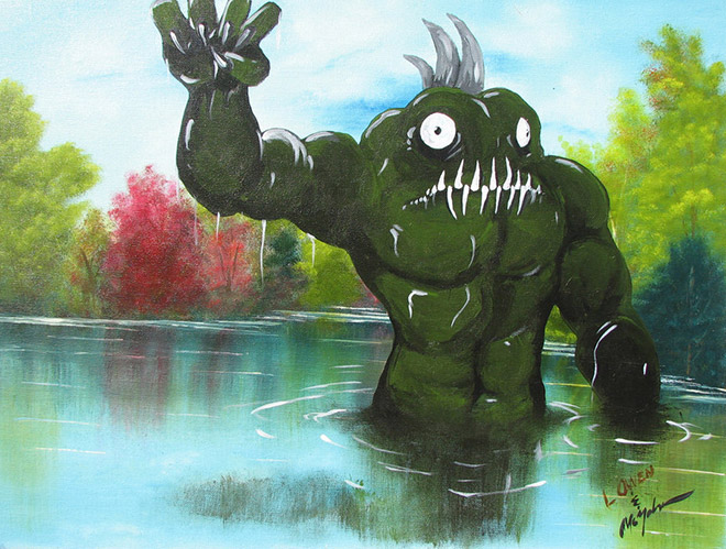 Monster added to charity shop painting.