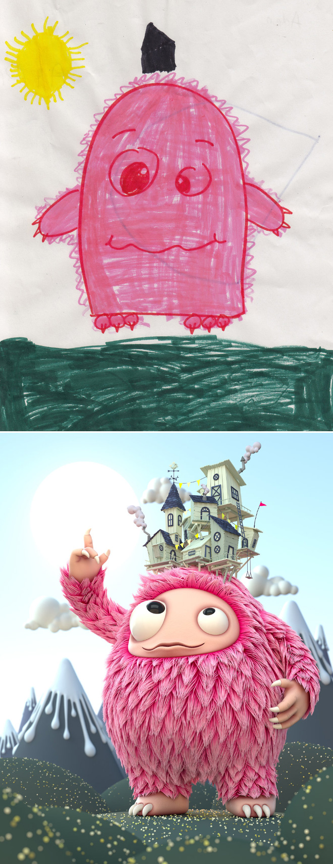 When kids' doodles get recreated by a professional artist.