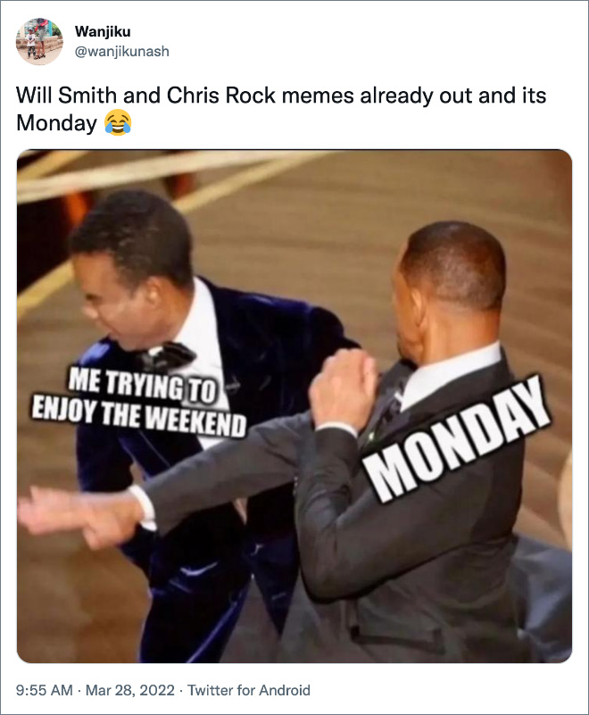 Twitter reacts to Will Smith slapping Chris Rock.