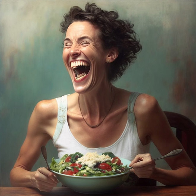 When AI generates image of a woman laughing alone with salad...