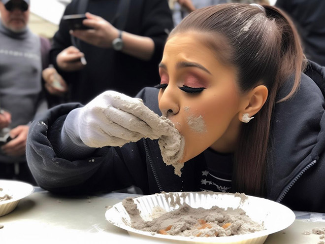 Celebrity participating in concrete eating contest. Picture generated by AI.