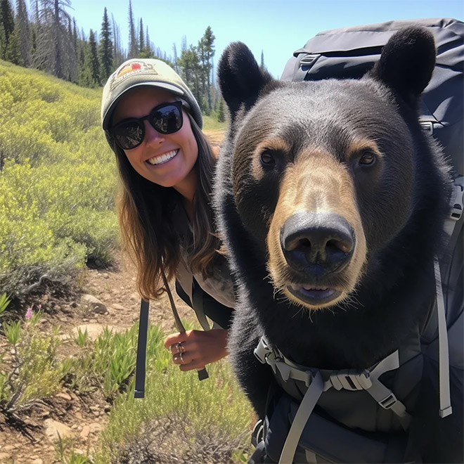 AI-generated image of hiking with bears.