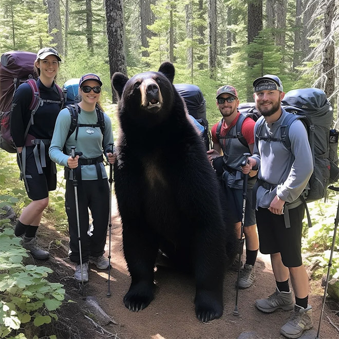 AI-generated image of hiking with bears.