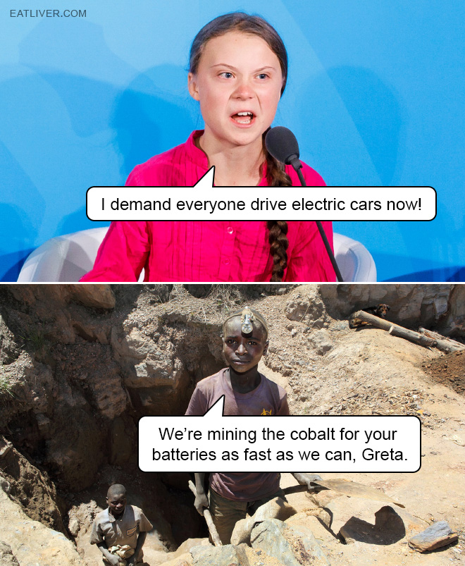 I demand everyone drive electric cars now! We're mining the cobalt for your batteries as fast as we can, Greta.