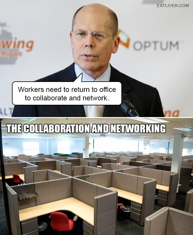 Workers need to return to office to collaborate and network. The collaboration and networking.